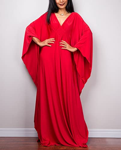 Image of RanRui Caftans for Women Solid Color Chiffon Plus Size Kaftan Dresses Beach Cover Up V Neck Batwing Sleeve Caftans Loungewear