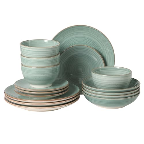 Image of Gibson Home Stonebury 16 Piece Plates and Bowls Teal Dishes - Handpainted Stoneware Dinnerware Set - Service for 4