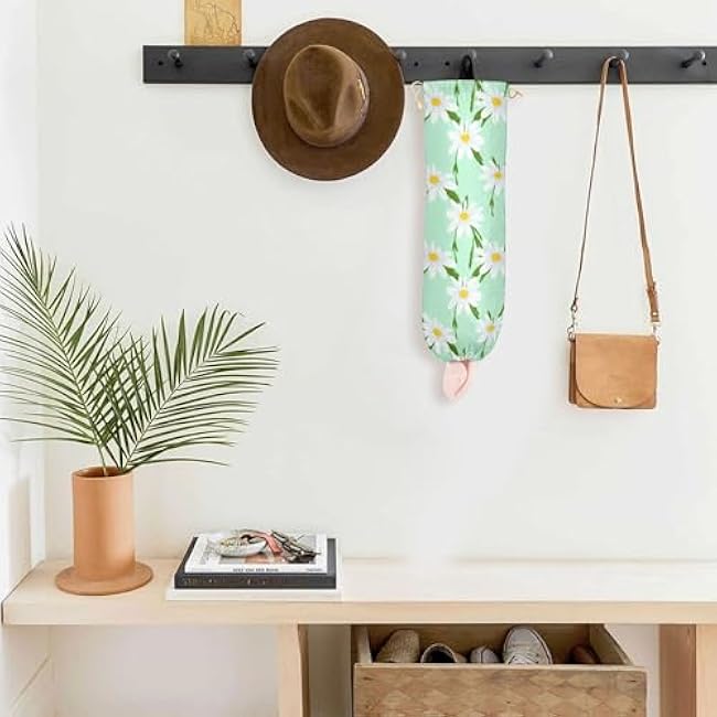 xigua White Daisies Plastic Bag Holder Wall Mount with Drawstring 2 Pack, Reusable Grocery Bag Organizer Decor for Bags, Socks, Underwear, And Neckties