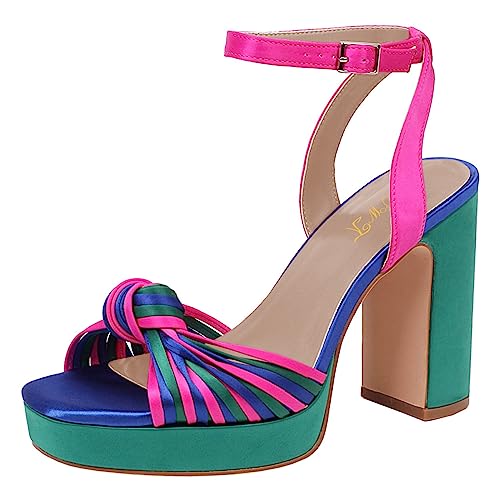 FOWT Women Platform Square Toe Sandals Knot Chunky Block High Heels Ankle Strap Evening Wedding Shoes Size 4-15 US