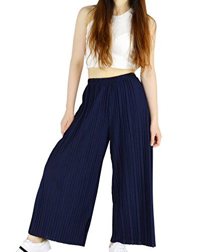 YSJERA Women's Pleated Cropped Pants Solid Color Straight-Leg Wide Leg Culottes Trousers (L,Navy Blue)