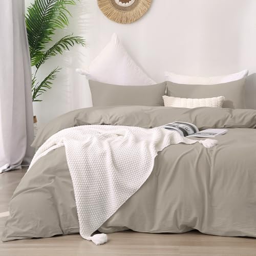 ATsense Duvet Cover Queen Size, 100% Washed Cotton, Linen Feel, Cream Grey Color Comforter Cover, 3 Pieces Bedding Set, Soft and Breathable, Premium Luxury Hotel Style, Farmhouse Style