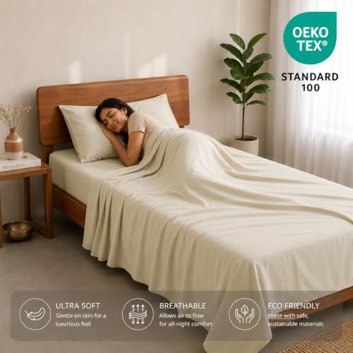 Image of LANE LINEN 100% Organic Cotton Bedsheet for Single Bed - Ivory | GOTS Certified, Percale Weave, 60x90 inches, Soft & Breathable, Machine Washable, Includes 1 Pillow Cover