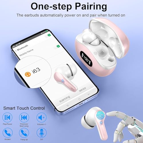 Image of Wireless Earbuds, Bluetooth Headphones 5.4 HiFi Stereo Ear buds with ENC Noise Cancelling Mic, 40H Bluetooth Earbuds with Dual LED Display Charging Case, IP7 Waterproof Earphones for Android iOS, Pink