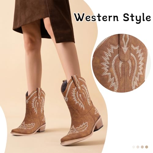 LingxiaUne Women’s Western Cowboy Boots – Embroidered Mid Heel Ankle Boots for Stylish & Versatile Wear4
