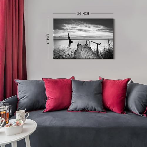 Image of Beach Scenic Wall Art Black and White Sailboat Wall Decor Ocean Coastal Pathway Picture Canvas Prints for Bathroom 16x24 inch, Nature Seascape Painting Poster Artwork Living Room Office Home Decorations