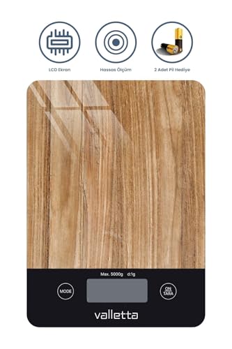 Carioca Pil Hediyeli Ahşap Desenli Dijital Cam Mutfak Tartısı 5 Kg Lcd Ekranlı