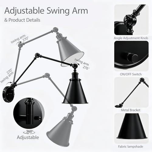 Image of Plug in Wall Sconces Set of Two, Black Swing Arm Wall Lamp with 6.6FT Plug-in Cord and Knob Switch, Metal Wall Lights for Bedroom, Reading, Study Room, Office, Living Room (2 Pack)