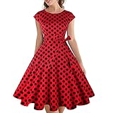PUKAVT Women's 1950 Boatneck Cap Sleeve Vintage Swing Cocktail Party Dress with Pockets Red BlackDot M