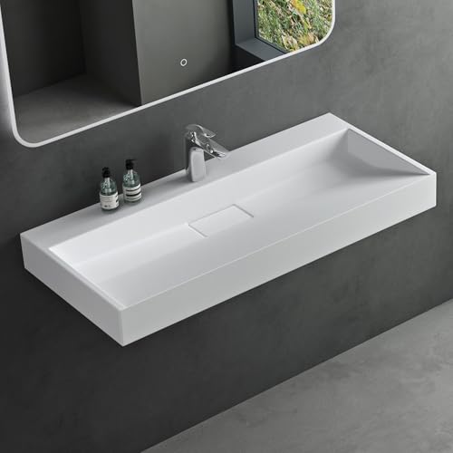 Mai & Mai Waschbecken Weiß Matt Aufsatzwaschbecken Hängewaschbecken Hängewaschtisch inkl. Ablaufgarnitur Mineralguss Rechteckig Waschplatz 1 Armaturenloch Breite: 100cm