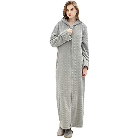 Women Soft Dressing Gown Fluffy Bathrobe Zip Up Sleepwear Hoodie Loungwear Grey Cover