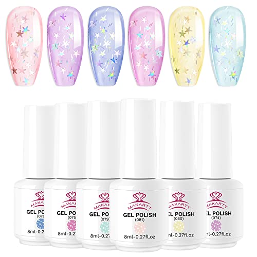 Makartt Jelly Gel Nail Polish Set Clear Glitter Pink Blue Gel Nail Polish Kit With Irridescent Stars, Crystal Transparent Summer Gel Nail Polish 6 Bottles 8Ml Soak Off Gel Manicuring Kit For Women #TOP12
