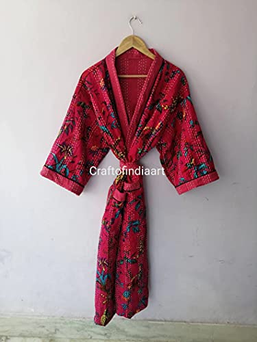 Kimono Cardigan Pink Bird Floral Print Kantha Work Handmade Robes Japanese Front Shirt Open Bridesman Beach Wear Winter Season Maternity Gown Night Dress By Ranjanacraft. Multi One Size #TOP1