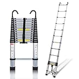 Cecaylie Teleskopleiter Aluminium Mehrzweckleiter 4,4M mit 2 Abnehmbarem Haken, Leiter Teleskop-Design, 150 kg/330 Pfund Belastbarkeit, Stehleiter Rutschfester, Silber
