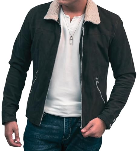 Image of Hide & Seek Men's Vintage Suede Leather Rugged Motorcycle Shirt Survival Iconic Fur Collar Season 5 Inspired Leather Jacket