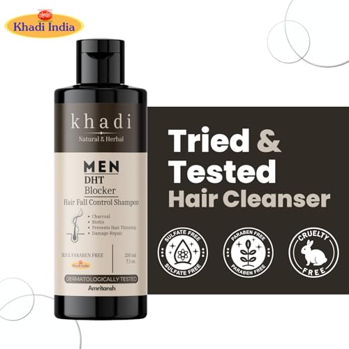 Image of Khadi Natural DTH Blocker Shampoo for Men | Hair Fall Control & Thinning Prevention | With Biotin & Charcoal | Sulfate, SLS & Paraben Free | Hair Strengthening & Damage Repair | 420 ml - By AMRITANSH