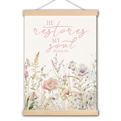 pouep Christian Wall Decor, Christian Psalm 23:3 Bible Verse Wall Art Poster, Bible Verses Wall Decor, Floral Religious Scripture Wall Art for Home Bedroom Living Room Church Decor, 12x16 Inch