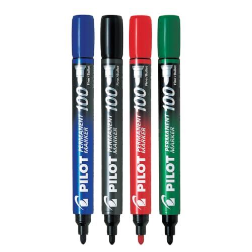 Image of PILOT Permanent Marker Bullet 100 Fine - 4 Pcs, 1 Blue + 1 Black + 1 Red + 1 Green