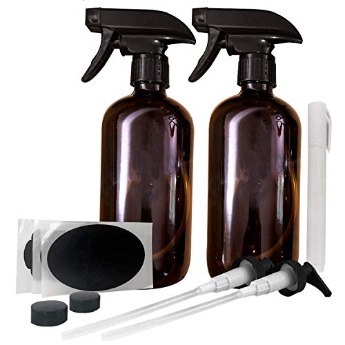 Large Empty Refillable Amber Glass Safe for Essential Oils Spray Bottles | 2 Pack, Includes bonus pens, pumps, and labels | Great for All natural Cleaners, Lotion, Hair, Home, Skin, Baby and More