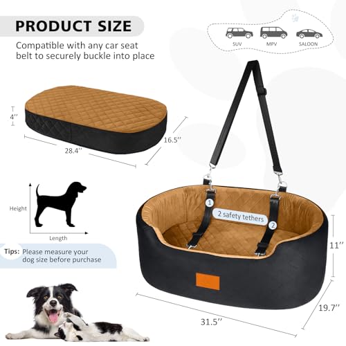 Hunde Autositz für große, mittelgroße oder 2 kleine Hunde, Sicherer Hundeautositz mit 2 Gurten & Rutschfester Basis – Waschbarer Hundesitz Auto für Rücksitz bis 25kg