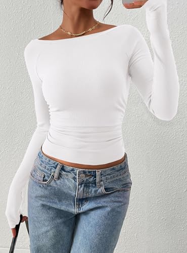 PRETTYGARDEN Long Sleeve Shirts for Women 2025 Fall Ruched Sides Boat Neck Basic Tee Casual Fitted Ribbed Knit Crop Tops
