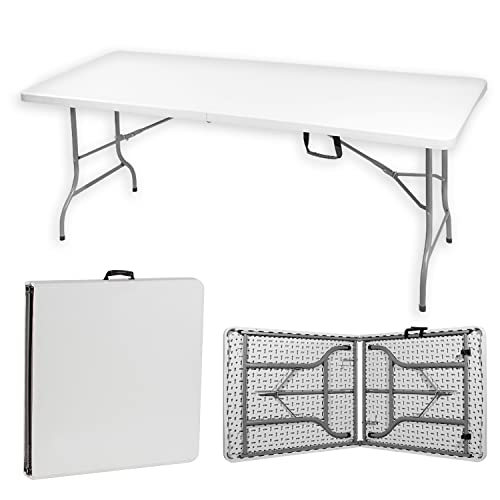 BODEN Mesa Dobrável Portátil, Maleta, Retangular, Com Alça, Suporta até 150 kg, 1,80 Metros, Ambientes Internos e Externos, Polietileno e Aço, Branca Off-White.