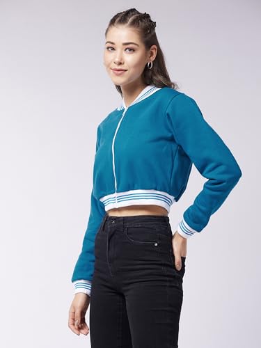 Image of Miss Chase Women's Off White V-Neck Full Sleeves Bomber Cropped Jacket