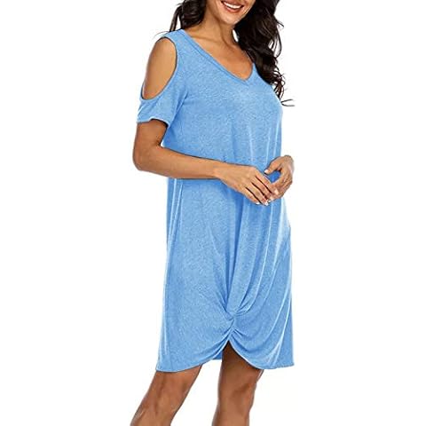 FNKDOR Women Midi Dresses Short Sleeve Casual Loose Maternity Dress Tunic V-Neck Strapless Solid Tie knot Summer Dress for Ladies Cover