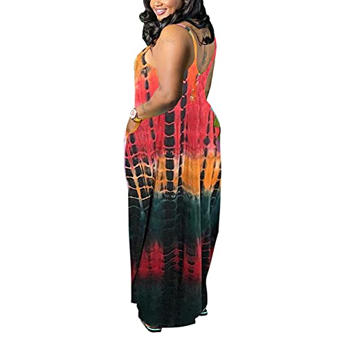Image of BFFBABY Womens Summer Suspender Maxi Dress Plus Size Striped Printed Sleeveless with Pockets and Belt