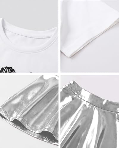 Image of Betusline Girls 2 Piece Outfits Short Sleeve Crop Top and Metallic Skater Skirt Set for Kids Dance Party Tennis, 4-14Y
