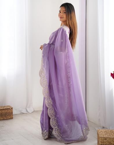 Image of SIRIL Women's Tissue Silk Sequence Embroidery Border Saree With Unstitched Blouse Piece