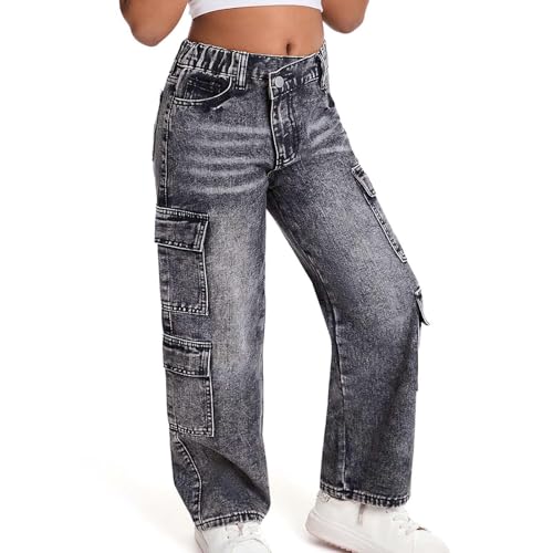 Girls Baggy Jeans High Elastic Waistband Wide Leg Denim Pants Y2K Streetwear Comfortable with Pockets Casual Trendy