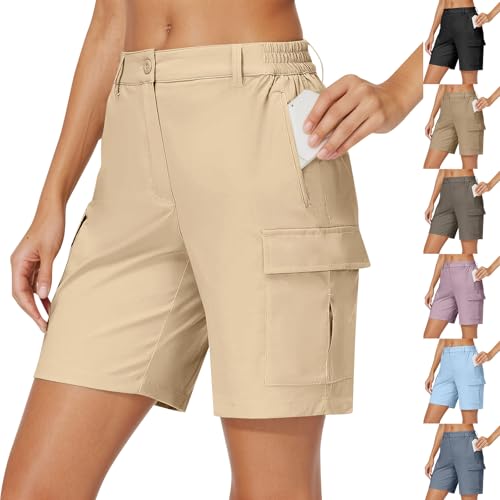 Slakkenreis Women Bermuda Shorts Lightweight Quick Dry Cargo Shorts with Pockets Summer Outdoor Elastic Waist Knee Length Hiking Short Casual Button Athletic Golf Long Short Travel Pant for Camping