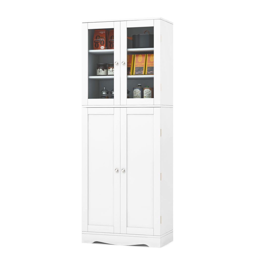 TANGZONTall Kitchen Cupboard, 4-Door Storage Cabinet with Shelves, Door Racks, Tempered Glass Doors & Anti-tipping Device, Freestanding Wooden Pantry Cabinet Organiser for Dining Living Room (White)