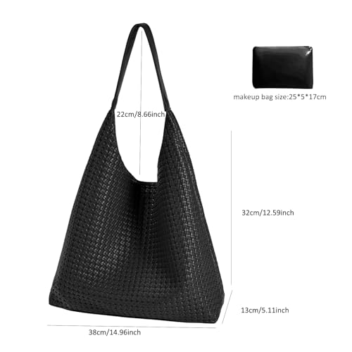 Woven Tote Bag for Women Top-handle Shoulder Bag, Leather Woven Beach Bag Hobo Bags Soft Vegan Handbag Underarm Black3