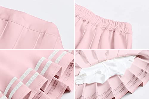 Girl's Women's Plaid Skater Pleated Cheer Skirts, High Waist Short Mini Egirl Y2K Style Tennis Skirt Skort For School Teen Girl Women, Pink With White Stripe, Us 3Xl #TOP2