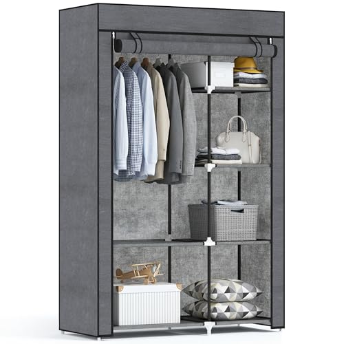 HOMCOM Armoire Penderie en Tissu, Meuble de Rangement avec Tringle à Vêtements et Étagères Ouvertes, Penderie Vêtement Dressing pour Chambre à Coucher,...