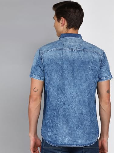Image of Kuons Avenue Men's Stonewash Denim Shirt | Half Sleeve | Regular Fit | | Double Pocket Solid Denim Shirt