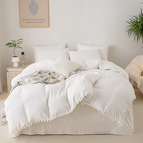 MOVE OVER White Duvet Cover Set Boho Duvet Cover Set Queen Size Solid White Pom Pom Fringe Trim Design 3 Pcs White Comforter Cover Set (Queen, White)