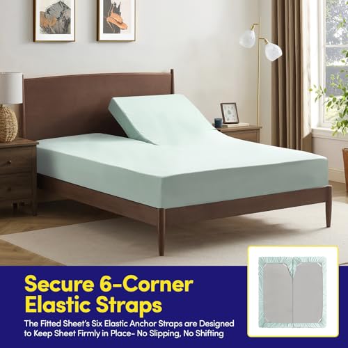 Image of Split Head King Sheets Set for Adjustable Beds 4 Piece Flex Top Bed Sheets - Deep Pocket Split Top Fitted Sheet with Built-in Corner Straps, Luxury Soft Cooling Bedding, Wrinkle Resistant, Mint