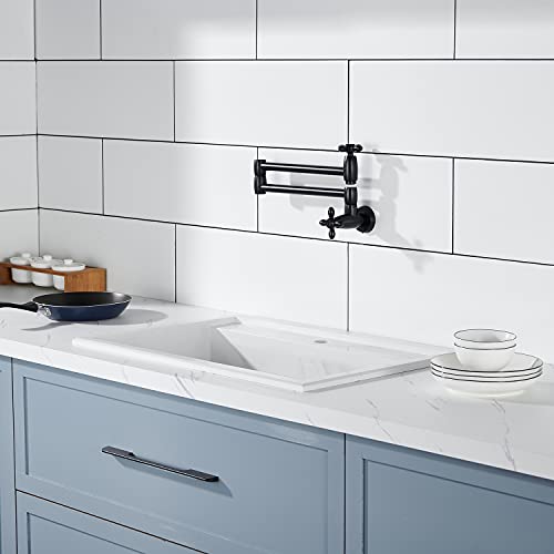 Kruzoo Pot Filler Kitchen Faucet Solid Brass Folding Wall Mount Stretchable Double Joint Swing Arm Single Hole 2 Handles Extending Arm，Matte Black #TOP5