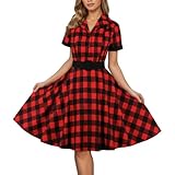 Foweknow Partykleid Damen 50S Vintage Retro Rockabilly Kleid Kurzarm Kragen Swing Festlich Coctailkleid Casual Plaid Abendkleid Elegantes A-Linie Freizeitkleid Knielang Brautkleid Mit Gürtel