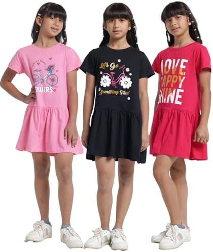 T2F Girls Cotton Printed Knee-Length Casual Dress(Pack of 3)