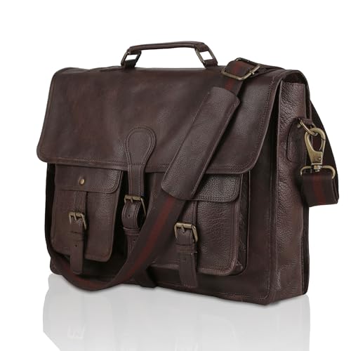 Image of Leather briefcase 18 inch laptop messenger bag for men and women best satchel office bag
