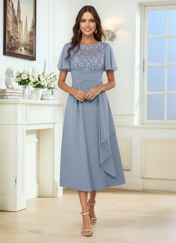 Elegant Lace Applique Tea Length Mother of The Bride Dress Chiffon Ruffle Sleeves with Draped Side Panel Formal Evening Gown3