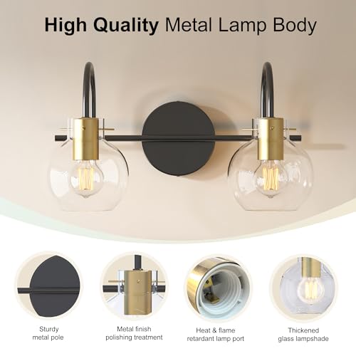 Image of Modern Bathroom Vanity Light 2-Light Wall Sconce, Black & Gold Finish with Clear Glass Shades, Bathroom Light Fixtures Mirror Lighting for Kitchen, Bedroom, Hallway, - Easy Installation
