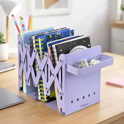 Image of Adjustable Bookend Organizer with Pen Holder | Expandable Desk Bookshelf for Office, Study, and Home | Book Rack Stand for Books, Files & Stationery (Extends Up to 17 Inches) (Purple)