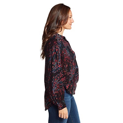 Nine West Women's Cleo New-Age Button Up Front Shirt, Black Tumbling Flowers, Large #TOP1
