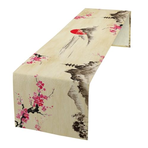 Image of Japanese Cherry Blossom Table Runner Retro Spring Landscape Mountain Plum Floral Tabletop Decor Cover for Holiday Dining Room Party 13x90 Inch
