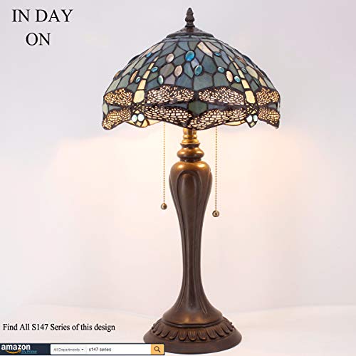 Werfactory Tiffany Table Lamp Sea Blue Stained Glass Dragonfly Style Bedside Lamp Desk Reading Light 12X12X22 Inches Decor Bedroom Living Room Home Office S147 Series #TOP4